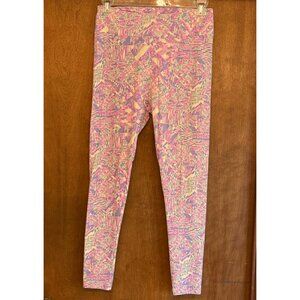 LuLaRoe Abstract Pink and Yellow Leggings S M L 30 inch waist unstretched